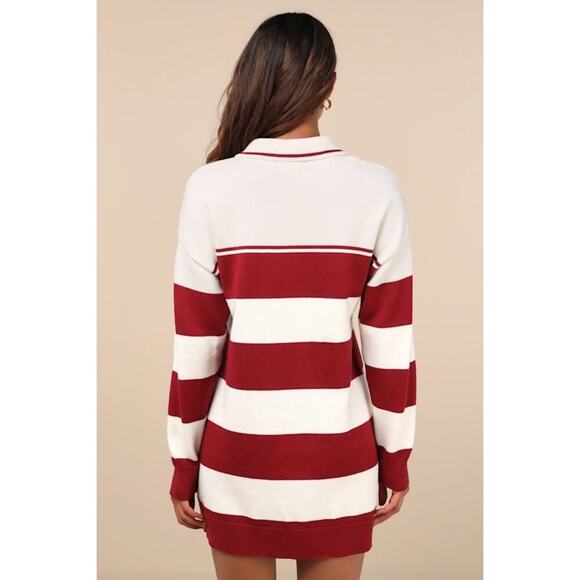 Lulus “Stellar Cutie” Ivory and Red Striped Collared Sweater Mini Dress – Medium - Picture 5 of 10